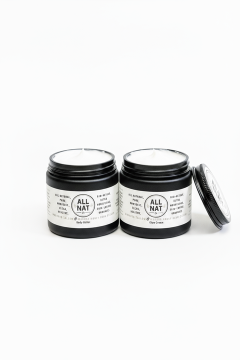 AllNat All-Natural Skincare Jar – beef tallow and manuka honey blend, minimalist product display.